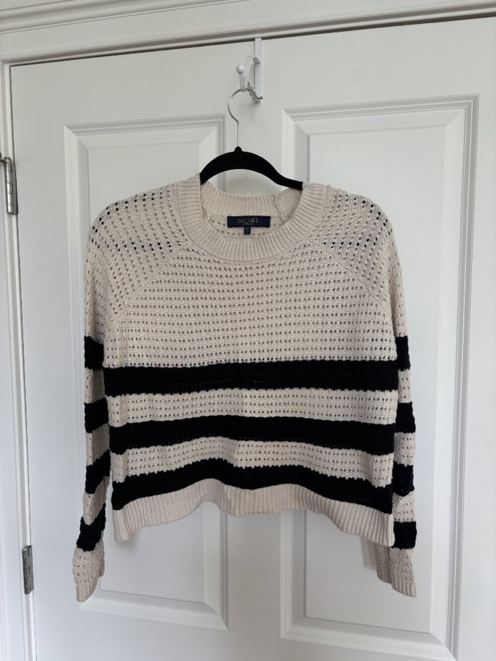 Rachel Roy Cream & Black Striped Open Knit Crewneck Sweater, Size M